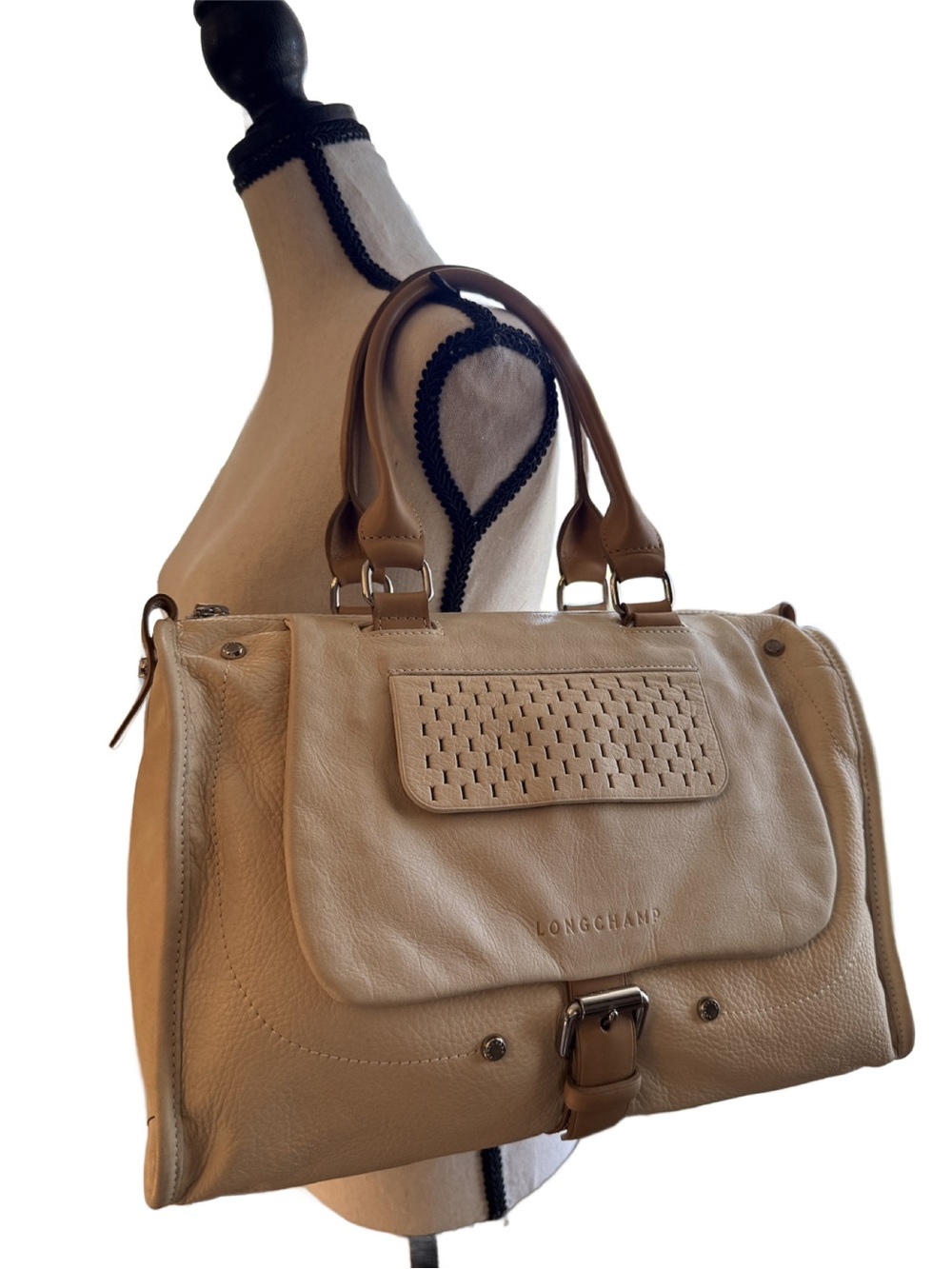 Longchamp Balzane Leather Satchel Beige | Perforated Flap | Top Handle Bag